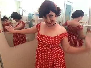 'Pinup honey has no undies in front of mirror Retro antique naked maid Housewife'