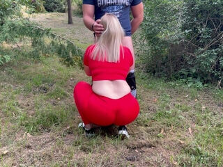 Naughty blonde PAWG gives head to her lucky boyfriend in a public park