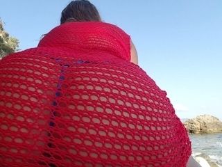 'nippleringlover in fishnet sundress & micro wire at bare beach showcasing pierced fun bags & pierced pussy'