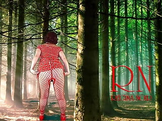 Pin-up gal posing in the woods. She displays her fun bags and snatch. Mesh stocking. Exclusive effect.