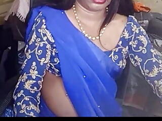 Indian Crossdresser in Blue Saree