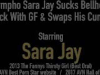 "Nympho Sara Jay deep-throats Bellhops manhood With girlfriend & exchanges His jism!"